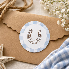 Första Rodeo Cowboy Födelsedag Blå Gingham Snygg Runt Klistermärke