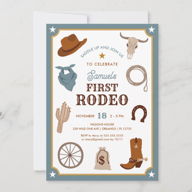 Första Rodeo Cowboy Vilda western Boy Första födel Inbjudningar (Framsida)