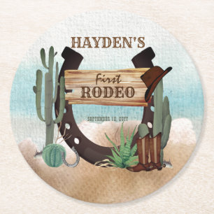 Första Rodeo Cowboy Western Boy 1st Birthday Party Underlägg Papper Rund