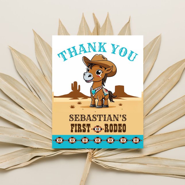 Första Rodeo cowboyhäst - tack för ditt kort (First rodeo birthday party thank you card cute baby horse cowboy Arizona landscape thank you card)