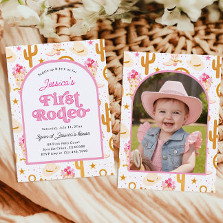 Första Rodeo Cowgirl Foto Rosa 1-års Födelsedagsfe Inbjudningar