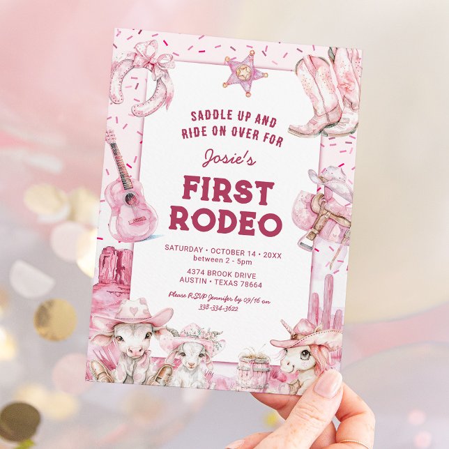 Första Rodeo Cowgirl Kids 1:a födelsedagsinbjudan Inbjudningar (Skapare uppladdad)