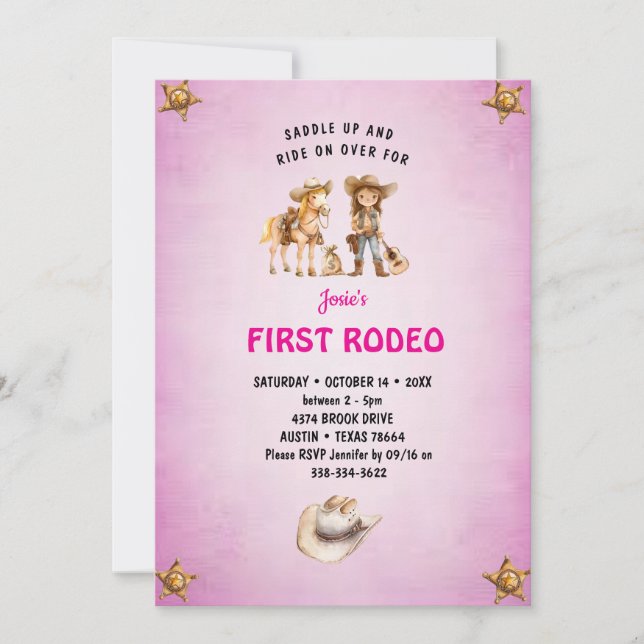 Första Rodeo Cowgirl Kids 1st Birthday Inbjudningar (Framsida)