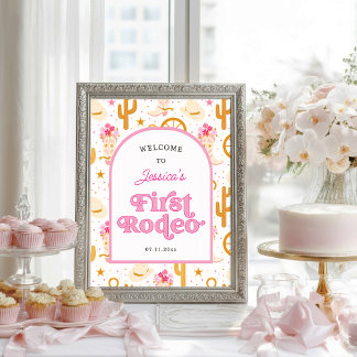 Första Rodeo Cowgirl Rosa 1-års Födelsedagsvälkoms Poster