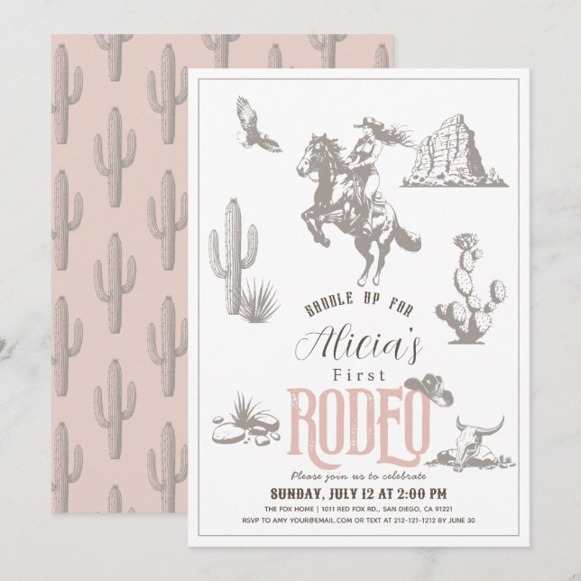 Första Rodeo Cowgirl Western Rosa 1:a födelsedagen Inbjudningar (Fram/baksida)