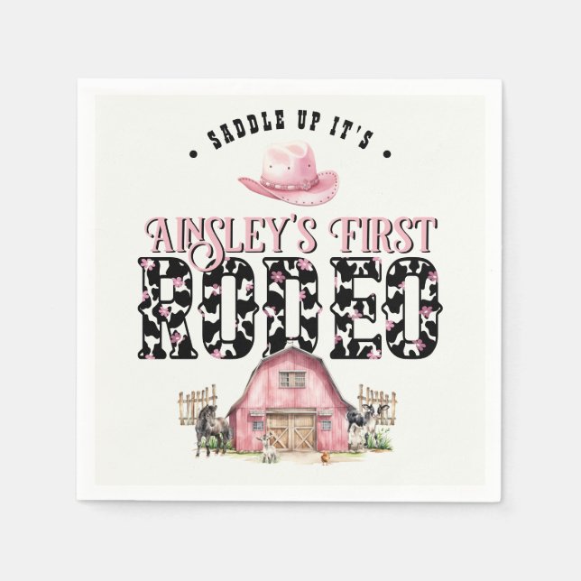 Första Rodeo Cute Rosa Personlig 1:a födelsedagen Pappersservett (Framsidan)