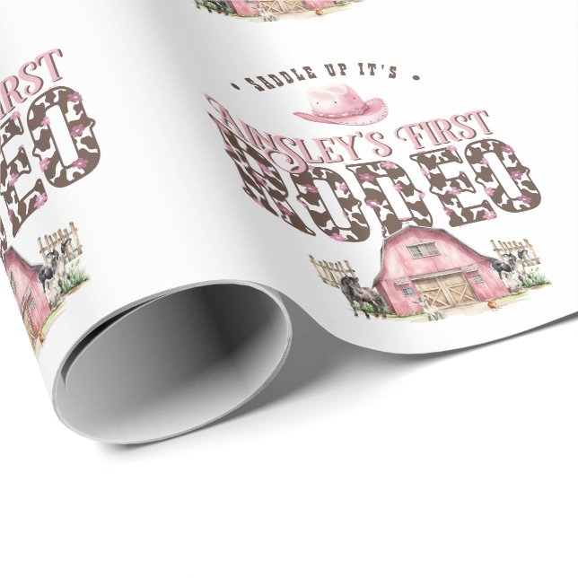 Första Rodeo Cute Rosa Personlig 1:a födelsedagen Presentpapper (Rullad Hörn)