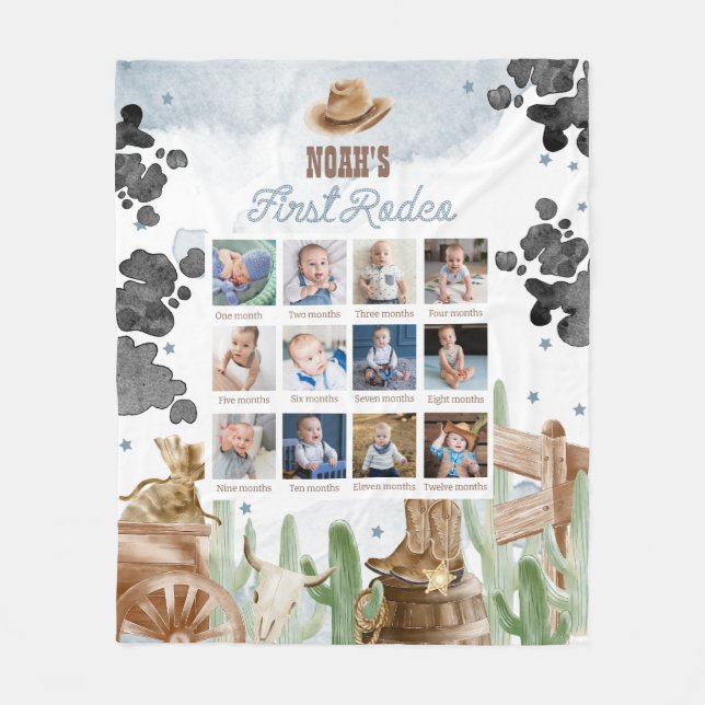 Första Rodeo Födelsedag Rustik Månatlig Fotoskylt Fleecefilt (Framsidan)