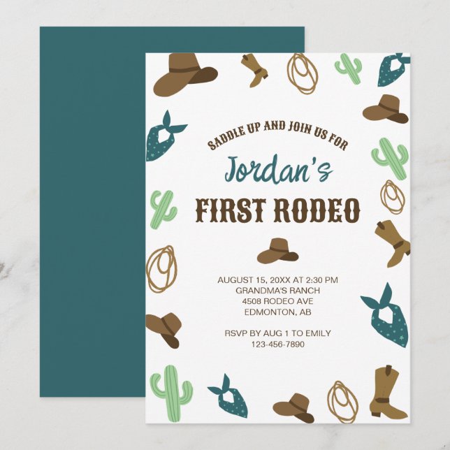 Första rodeo-födelsedagen 1:a Cowboycute Western Inbjudningar (Fram/baksida)