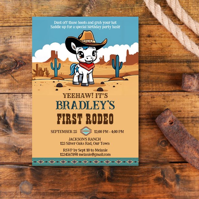 Första Rodeo-födelsedagsfesten för söt cowboyhäst  Inbjudningar (First rodeo cute baby cowboy horse birthday party template invitation instant download western theme)