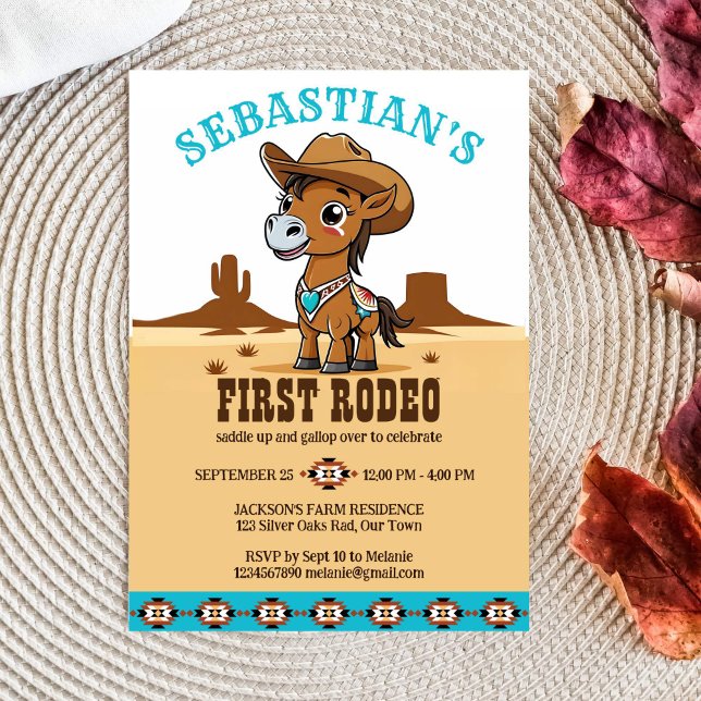 Första Rodeo-födelsedagsfesten för söt cowboyhäst  Inbjudningar (First rodeo western birthday party template invitation digital download cute baby horse cowboy hat)