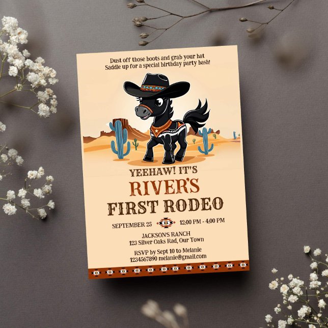Första Rodeo-födelsedagsfesten för söt cowboyhäst  Inbjudningar (First rodeo cowboy western birthday party template invitation instant download cute black horse )