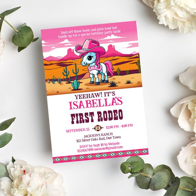 Första Rodeo-födelsedagsfesten för söt cowgirl bab Inbjudningar (First rodeo pink cowgirl baby horse birthday party template invitation digital download wild west)