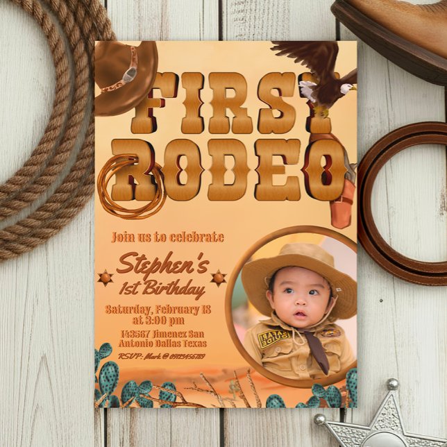 Första Rodeo med Foto Inbjudningar (First Rodeo -  Boy 1st Birthday Cowboy Invitation with Picture)