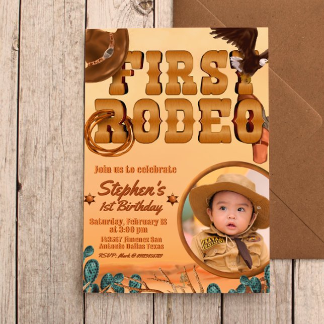Första Rodeo med Foto Inbjudningar (First Rodeo -  Boy 1st Birthday Cowboy Invitation with Picture)