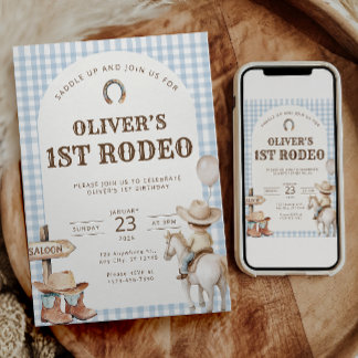Första Rodeo Pojkfödelsedag Western Cowboy 1:a Inbjudningar