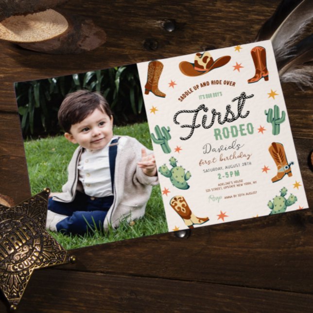 Första rodeo Vilda western Boy 1:a födelsedagsfoto Inbjudningar (Baby Boy first rodeo wild west invitation cowboy photo invitation digital editable template cute)