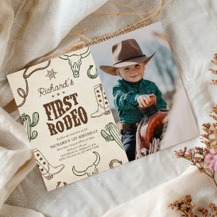 Första Rodeo Western Boy 1:a födelsedagsfoto Inbjudningar