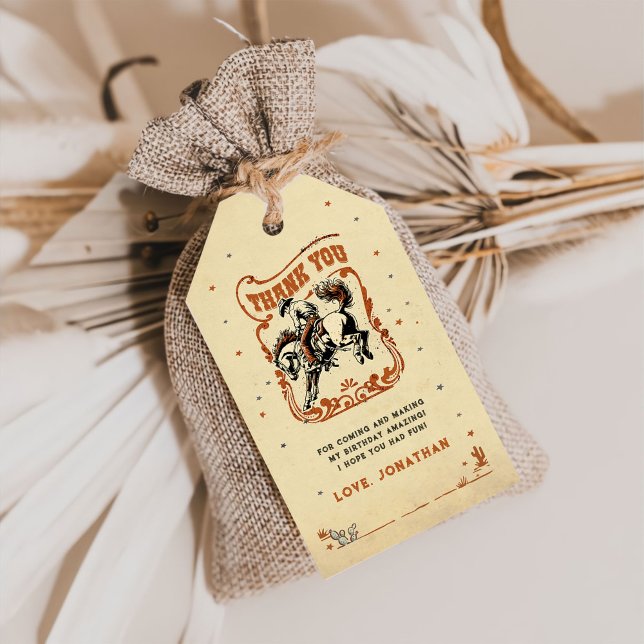 Första Rodeo Western Cowboy Födelsedag Tack Presentetikett (Skapare uppladdad)