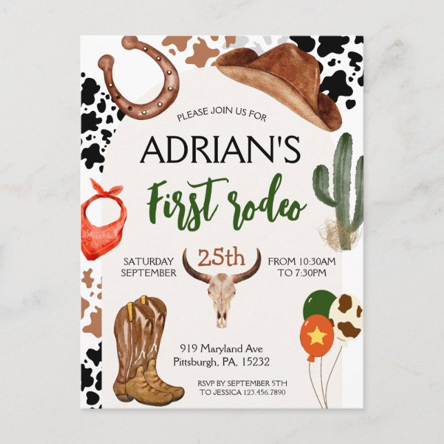 Första Rodeo Western Cowboy Första Födelsedagen Vykort (Framsida)