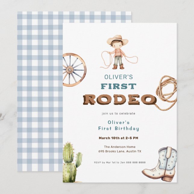 Första rodeo Westerna Pojke-födelsedagen Inbjudningar (Fram/baksida)