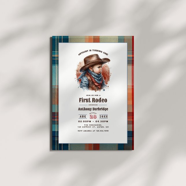 "Första Rodeon" Rustik Cowboy 1-årsfest Inbjudningar (“First Rodeo” Rustic Cowboy 1st Birthday Invitation)
