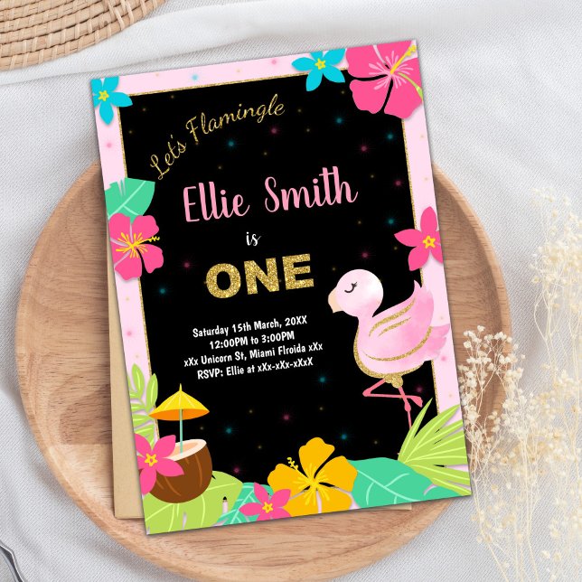 Första Rosa Flamingo-inbjudan på födelsedagen Inbjudningar (1st Pink Flamingo Birthday Invitations)