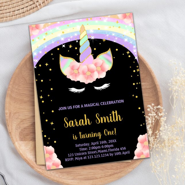 Första Rosa Unicorn Birthday-inbjudan Inbjudningar (1st Pink Unicorn Birthday Invitations)