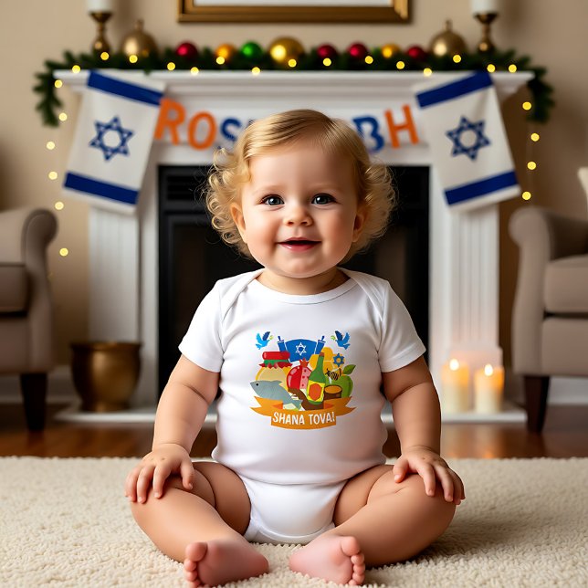 🍯 🍎 🐟 första Rosh Hashanah med anpassningsbar T Shirt (🍯 🍎🐟 First Rosh Hashanah with custom text Baby Bodysuit)