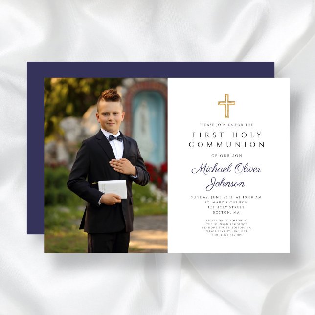 Första samfälligheten mellan Navy Blue Kor Photo B Inbjudningar (Navy Blue Cross Photo Boy First Communion Invitation)