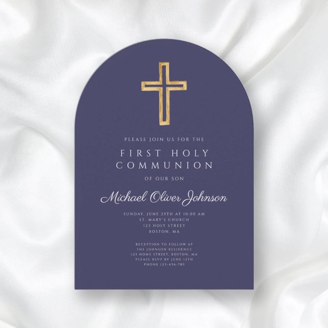 Första samfällighetsbåge för den blå Religiösan Ko Inbjudningar (Navy Blue Religious Cross Boy First Communion Arch Invitation)