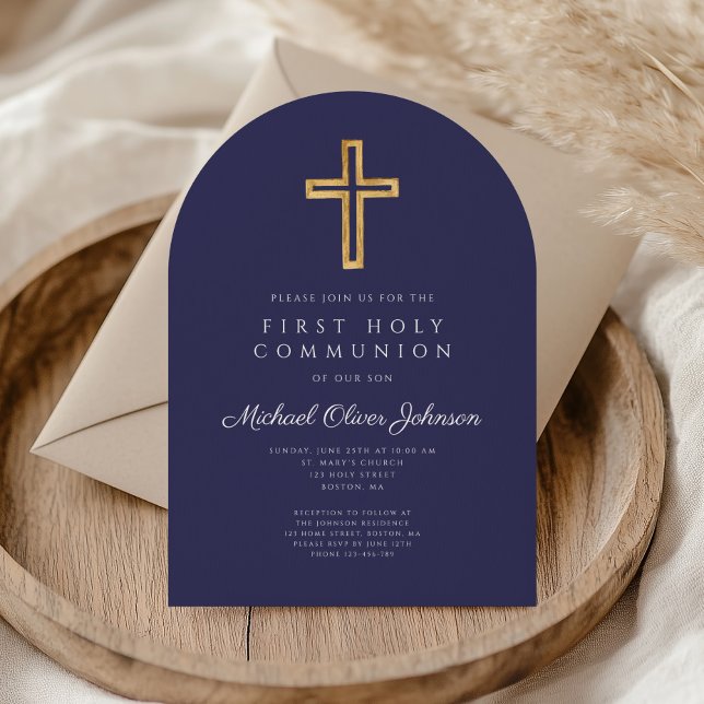 Första samfällighetsbåge för den blå Religiösan Ko Inbjudningar (Navy Blue Religious Cross Boy First Communion Arch Invitation)