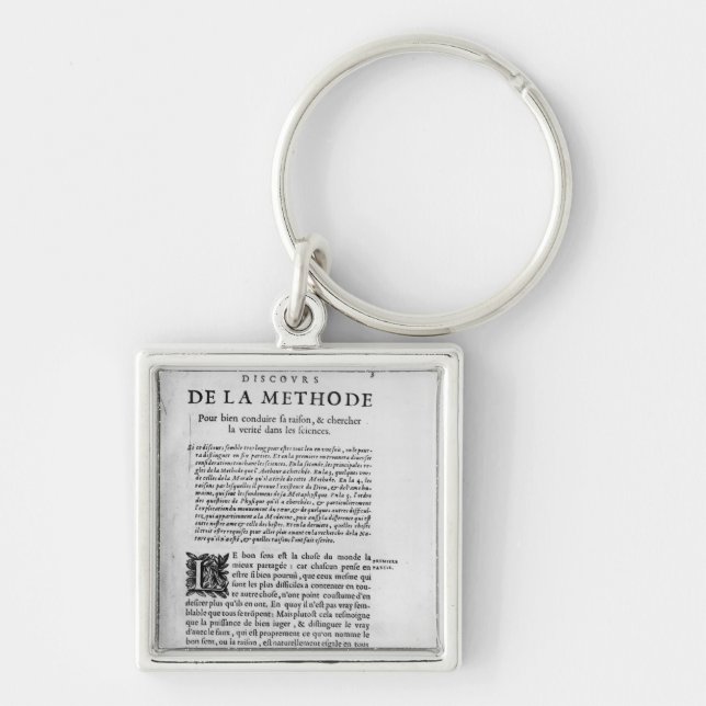 Första sida av "Discours de la Methode" vid Rene Fyrkantig Silverfärgad Nyckelring (Framsidan)