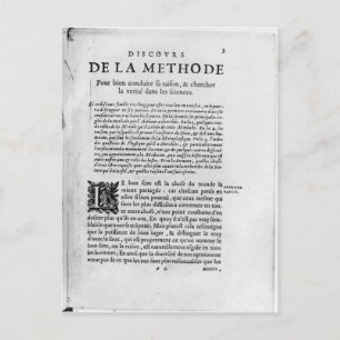 Första sidan av "Discours de la Methode", av Rene Vykort