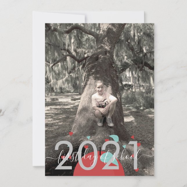 Första skoldagen Äpple Modernt manus Fotokort Inbjudningar (Framsida)