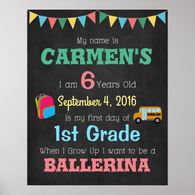 Första skoldagen Barnplakat Foto rekvisita Poster (Framsidan)