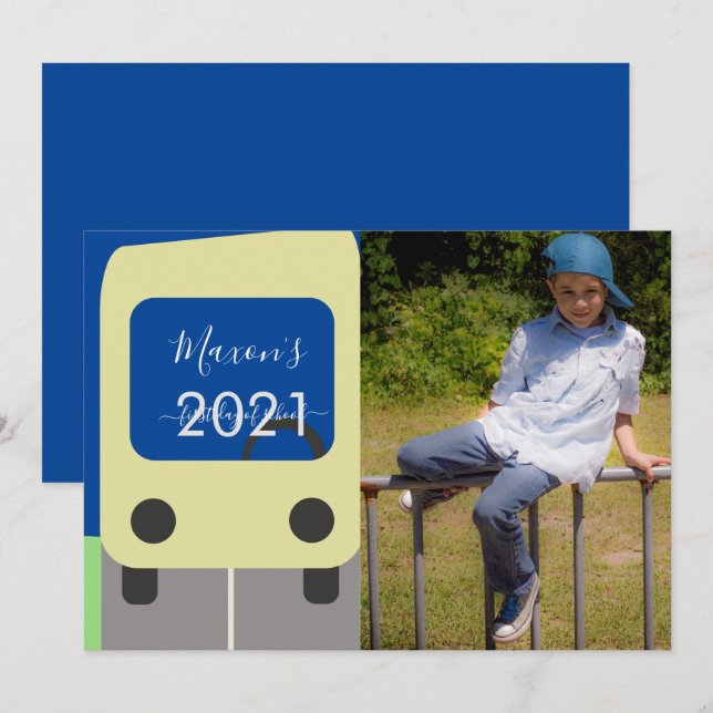 Första skoldagen Buss Gul Skript Fotokort Inbjudningar (Fram/baksida)