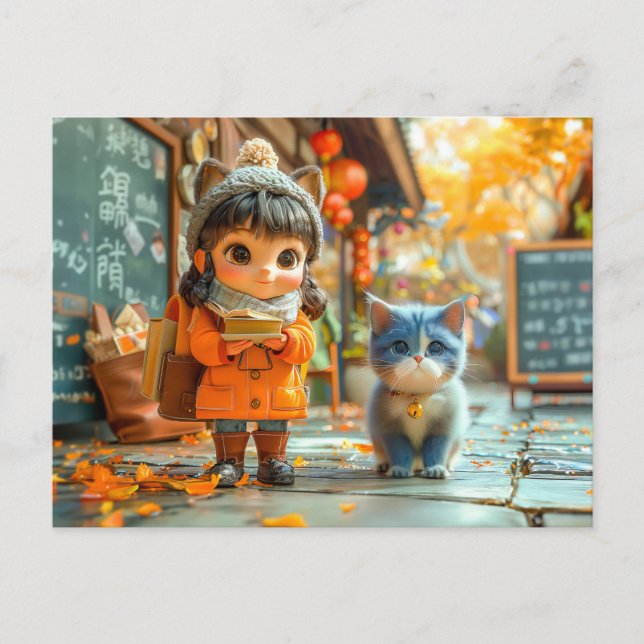 Första skoldagen med min katt helg vykort (Framsida)