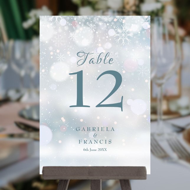 Första Snöflingor Vinter Bröllop Bordsnummer (First Snowflakes Winter Wedding Table Number)
