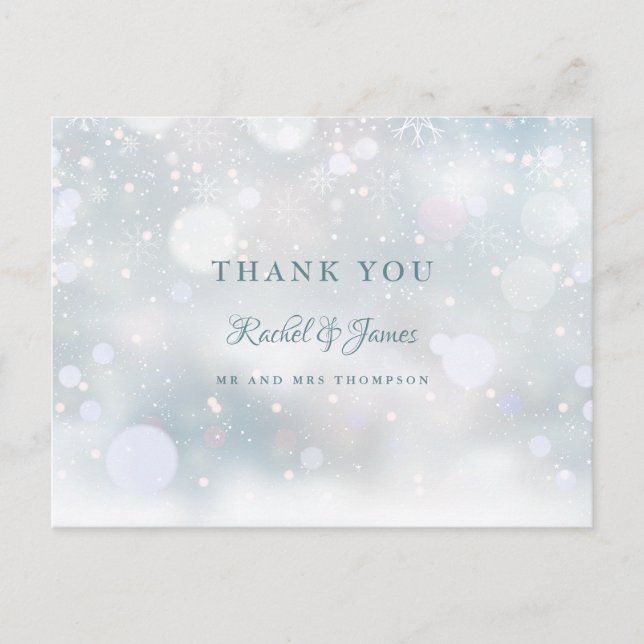 Första snöflingor vinter bröllopsfoto tack vykort (Framsida)