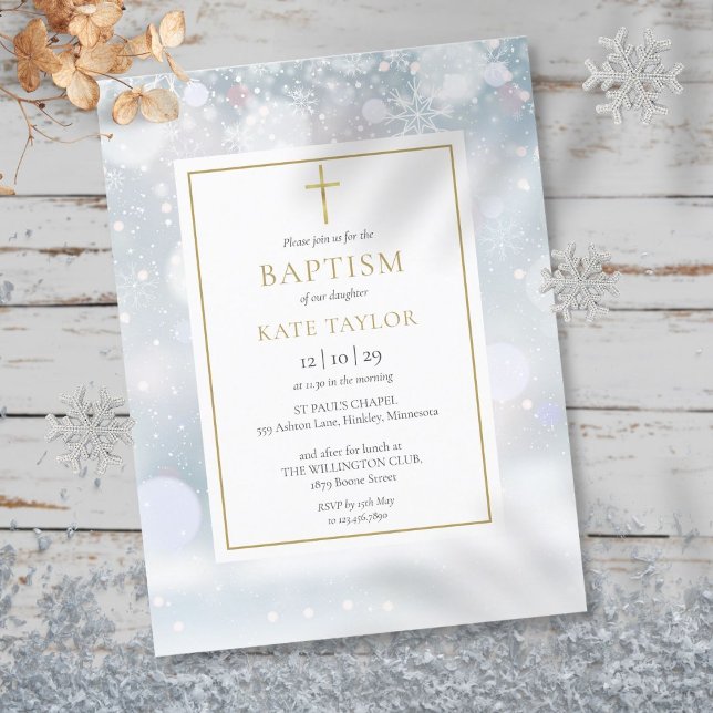 Första snöflingor Vinterdop Dopceremoni Inbjudan Vykort (First Snowflakes Winter Baptism Christening Invitation Postcard)