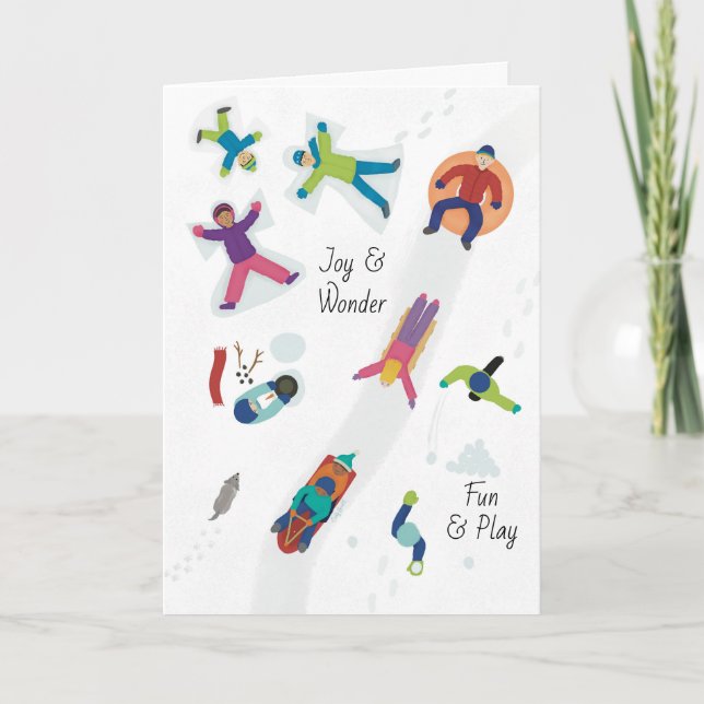 Första snön Vinter Barn Leker Snöängel Helgkort (Framsida)