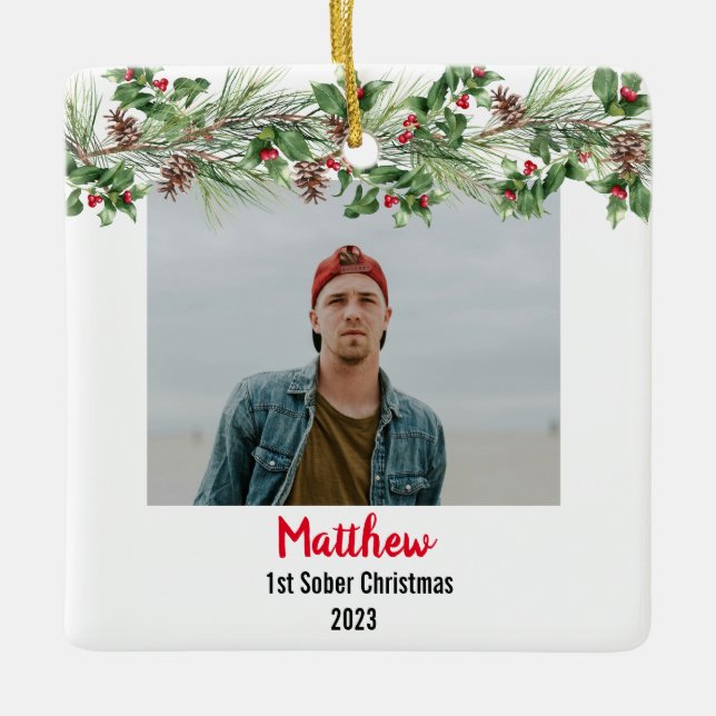 Första sober-julen - minimalt foto julgransprydnad keramik (Framsida)