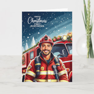 Första svararen Latino Male Firefighter-julen Helgkort