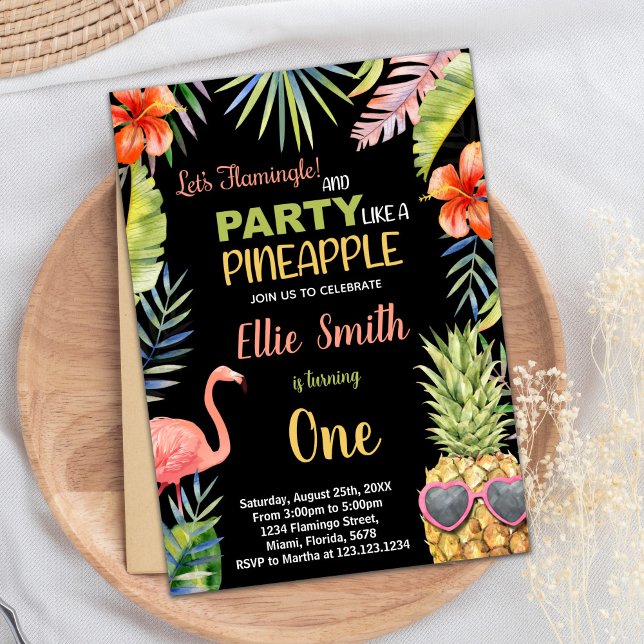 Första svarta lamingo och ananas födelsedag inbjudningar (First Black Flamingo & Pineapple Birthday Invitation)