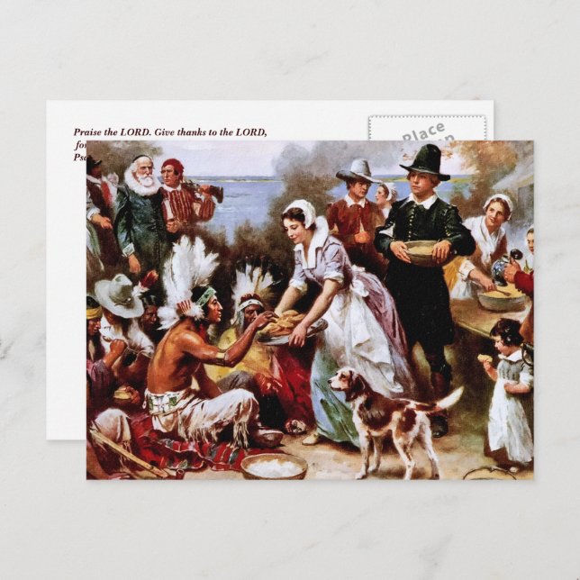 Första Thanksgivingen, 1621. Vykort (Fram/baksida)