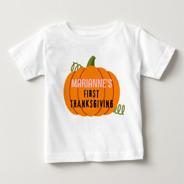 Första Thanksgivingen Pumpkin Personlig Namn T Shirt (Framsida)
