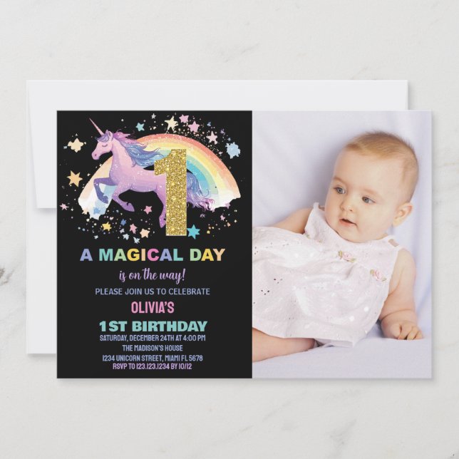 Första Unicorn Birthday-inbjudan med foto Inbjudningar (Framsida)