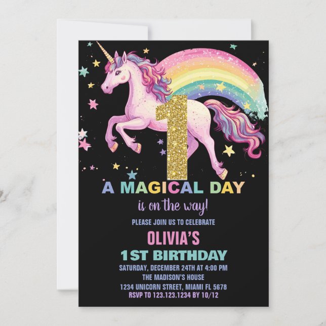 Första Unicorn Birthday-inbjudan svart Inbjudningar (Framsida)