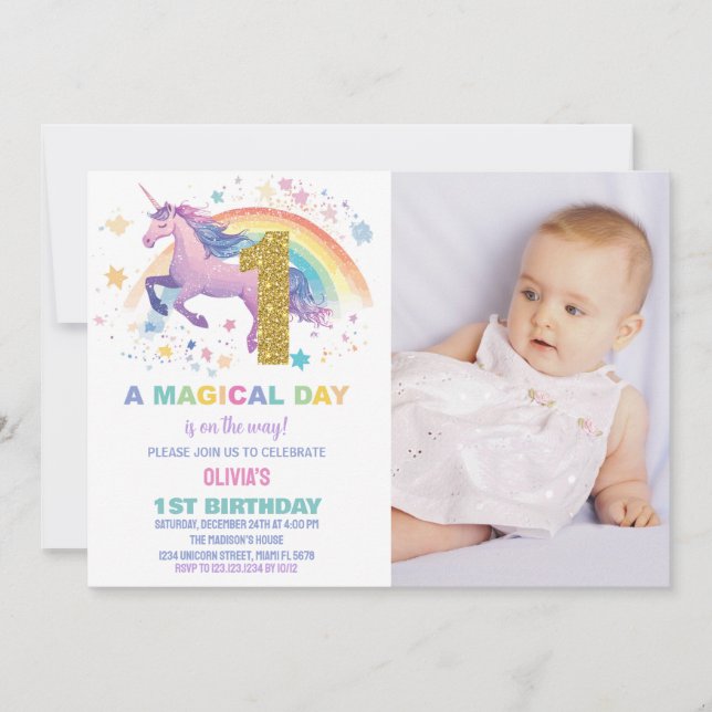 Första Unicorn Birthday-inbjudningar med foto Inbjudningar (Framsida)